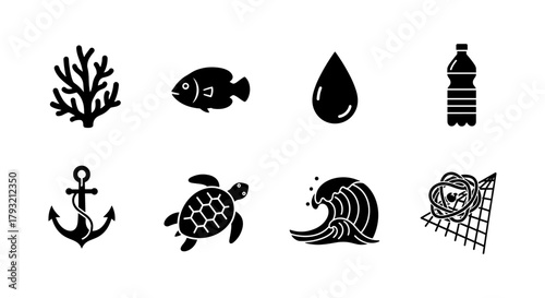 Marine conservation silhouettes highlighting ocean pollution and aquatic life