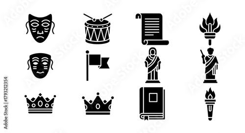 Theater and art symbols in bold black silhouette theme