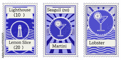 Three stylized blue postage stamps featuring nautical and beverage illustrations and text