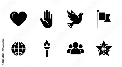 Icon set featuring heart, hand, dove, flag, globe, torch, group, and star