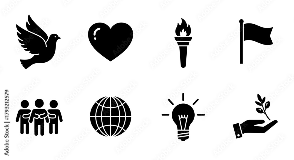 Naklejka premium Peace and unity symbols: dove, heart, torch, flag, community, globe, lightbulb, growth