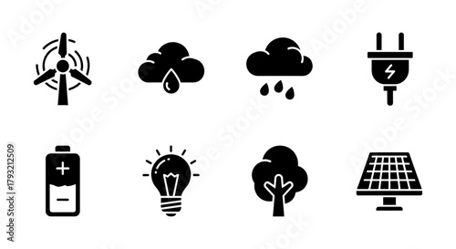 Eco-friendly icons: renewable energy and nature conservation symbols