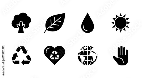 Black icons for eco awareness: trees, recycling, and sustainability symbols