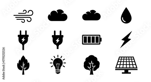 Energy and nature icon set: minimalist power, weather, and eco elements
