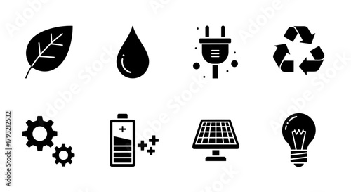 Eco-friendly energy icons set featuring leaf, water drop, plug, and solar panel in black silhouette