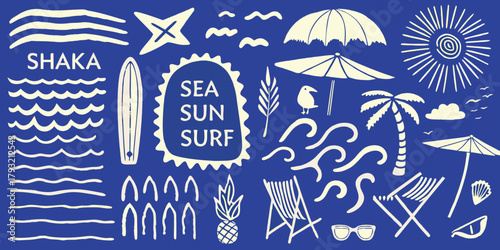 Collection of hand drawn beach and summer icons including waves surfboard palm tree sun and umbrellas on a blue background