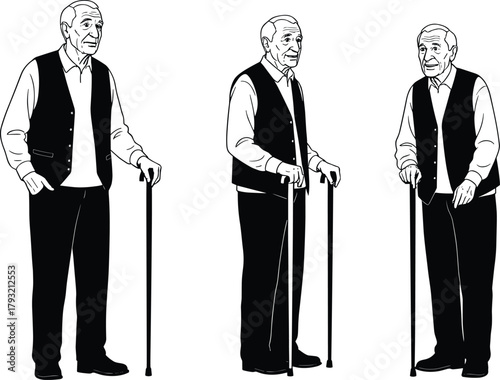 Elderly man, cane support, aging posture, black and white, front view, side view, three-quarter angle, mobility aid, senior figure