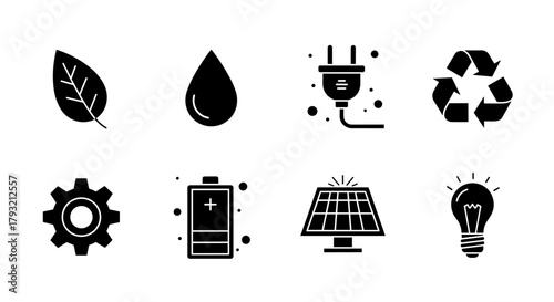 Eco-friendly energy icons: sustainability and green power symbols