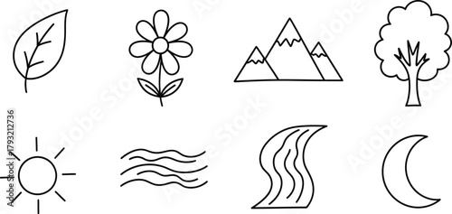 Nature Elements Simple Doodle Icon Set - Leaf, Flower, Tree, Mountain, River, Sun, Moon Line Art