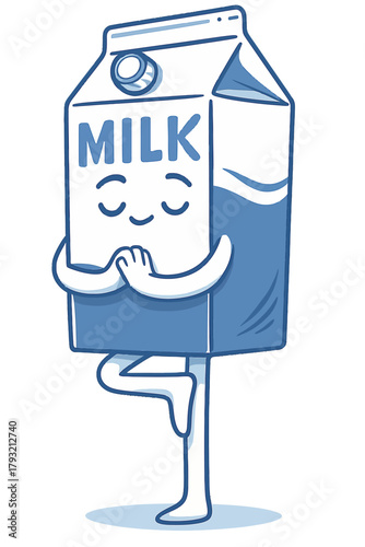 Cartoon milk carton with a calm face practicing yoga in tree pose, illustrated in a clean minimalist style, symbolizing calm and wellness. Mascot character. Vector, transparent background