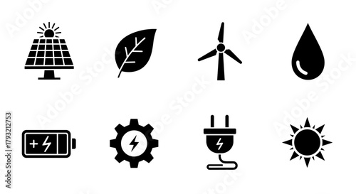Eco-friendly icons: solar, leaf, wind, water, energy elements in flat style
