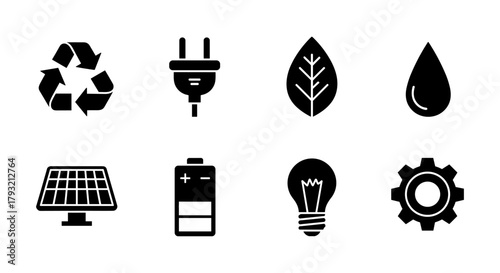 Eco-friendly icons set: renewable energy and sustainability in silhouette style