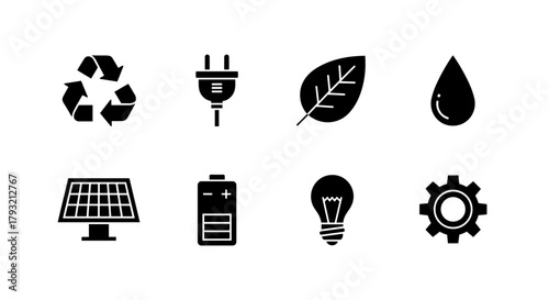 Eco-friendly icons set featuring renewable energy and sustainability symbols
