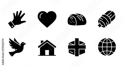 Black and white icon set: love, food, and global symbols