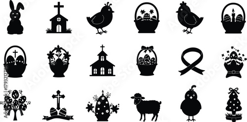 Easter, silhouette, icons, bunny, chick, church, basket, eggs, spring, celebration, cross, lamb, tree, ribbon, cactus, festive, holiday, Christian, seasonal, black