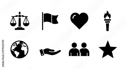 Set of black silhouette icons: justice, flag, heart, torch, globe, hand, people, star