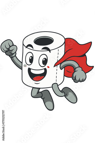 Cartoon superhero toilet paper roll character with happy face, gloves, boots, and red cape, jumping energetically, concept of hygiene hero. Mascot character. Vector, transparent background