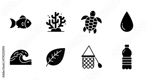 Silhouette icons: marine life and environmental symbols for eco awareness