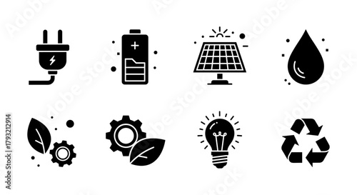 Eco-friendly energy icons set: solar, recycling, and sustainability symbols in black silhouette style