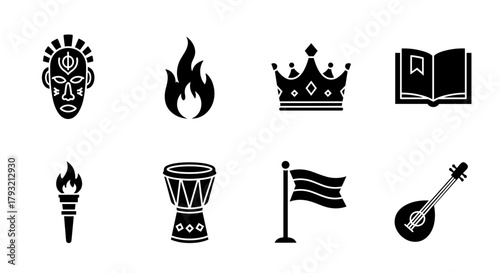 Cultural icon set: masks, musical instruments, and symbols in bold silhouette style