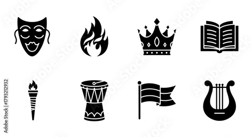 Cultural icons: theater mask, crown, drum, and more in silhouette style