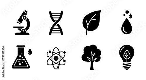 Science and nature icons set featuring microscopes, dna, and sustainability symbols