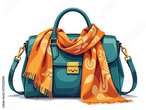 Stylish teal handbag with gold buckle and a bright orange scarf with patterns, illustrated in a bold, colorful graphic style, fashion concept. Vector, transparent background