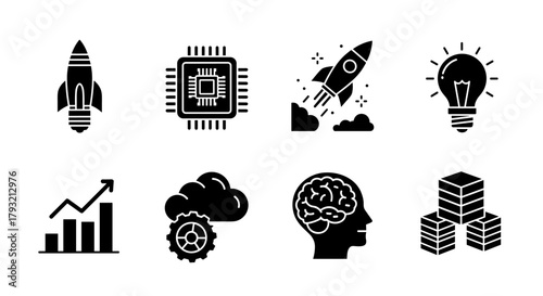 Silhouette icons set: rocket, microchip, innovation, analytics, cloud, gear, brain