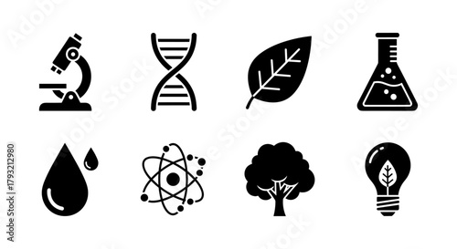 Science and nature symbols: microscopes, dna, and more in black and white icons