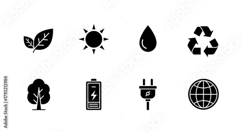 Eco-friendly icon set: renewable energy and sustainability symbols