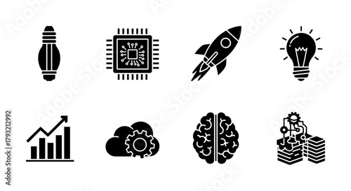 Set of simple technology and innovation icons in black silhouette style