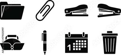 Office Items Simple Glyph Icon Set - Folder, Paperclip, Stapler, Pen, Calendar, Trash Can Black Pictograms