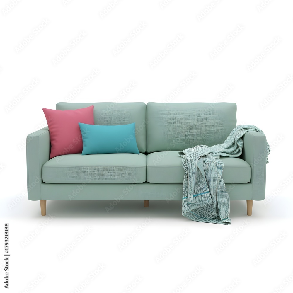 Fototapeta premium Comfortable mint couch with cushion and blanket in living room on sofa inpink andferozi colour
