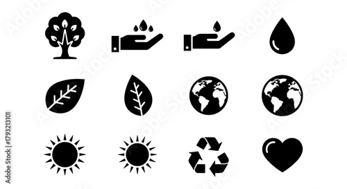 Eco-friendly icons featuring nature, sustainability, and conservation symbols