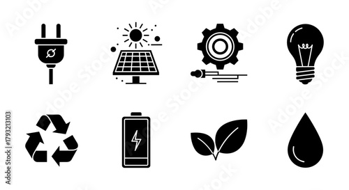 Eco energy icons: plug, solar panel, gear, lightbulb, recycle, battery, leaves, water drop