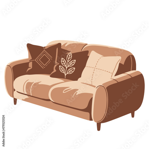 A brown cushioned sofa with three stylish pillows in rust, gray, and cream colors, shown in a flat graphic style on a white background, symbolizing cozy home decor. Vector, transparent background