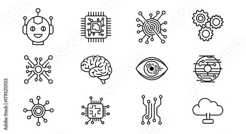 Monoline futuristic tech icons featuring ai, robotics, and circuitry