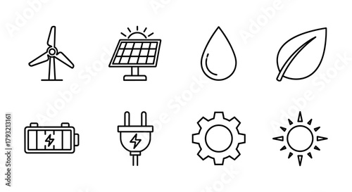 Renewable energy line icons: wind, solar, water, leaf, battery, plug, gear, sun