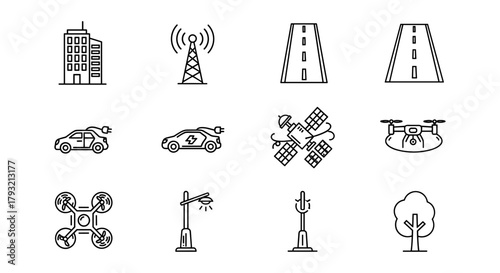 Urban technology and infrastructure: smart city icons in linear style