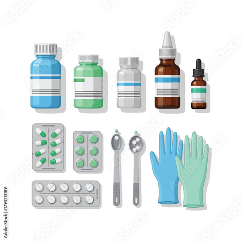 Isolated set of clear plastic and blue glass medicine bottles and pills for medical health