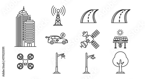 Smart city essentials: line art icons of technology and infrastructure