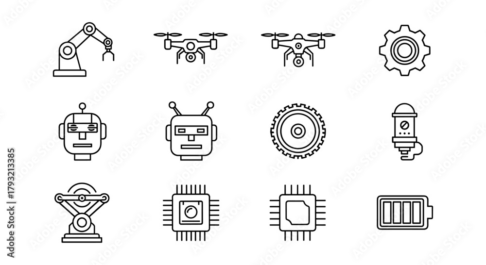 Fototapeta premium Robotics and ai icon set featuring drones, robots, and technology symbols in linear style