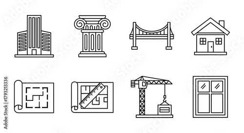 Architectural elements and construction icons: line style set with buildings, structures, and tools