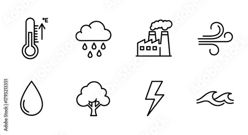 Linear weather and environment icon set for climate awareness