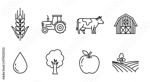 Linear farm icons set featuring harvest, tractor, cow, barn, water, tree, apple, and crop field