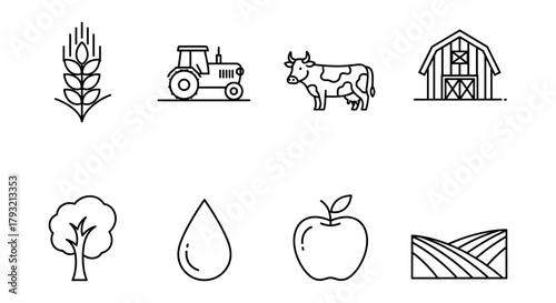 Agriculture icons: farm elements in minimalist linear style