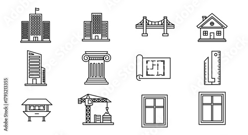 Outline architecture icons: buildings, bridge, house, column, blueprint, construction tools