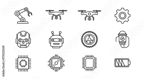 Futuristic linear technology icons: robots, drones, gears, and chips