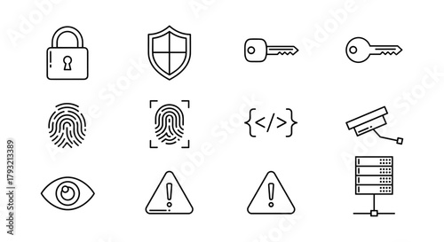 Cybersecurity icons set: lock, key, camera, fingerprint, shield in linear style