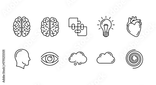 Minimalist outline icons of brain, puzzle, light bulb, and heart